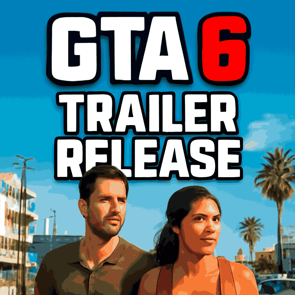 GTA 6 Trailer Release Promotional Poster featuring main characters Jason Duval and Lucia Caminos in front of a vibrant urban backdrop with palm trees and a police car