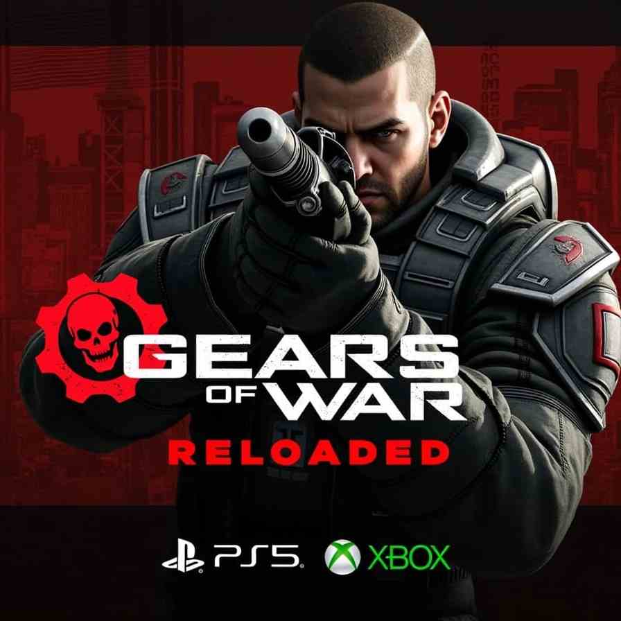 Gears of War Reloaded featuring a soldier holding a shotgun against a gritty urban background with PS5 and Xbox logos