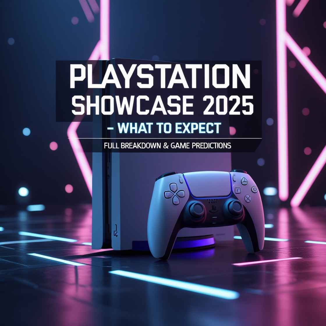 A square banner featuring the PlayStation 5 console with a futuristic stage background. Highlights games like Death Stranding 2, Ghost of Tsushima 2, and Horizon Online, with bold text saying "PlayStation Showcase 2025 – Full Breakdown & Game Predictions