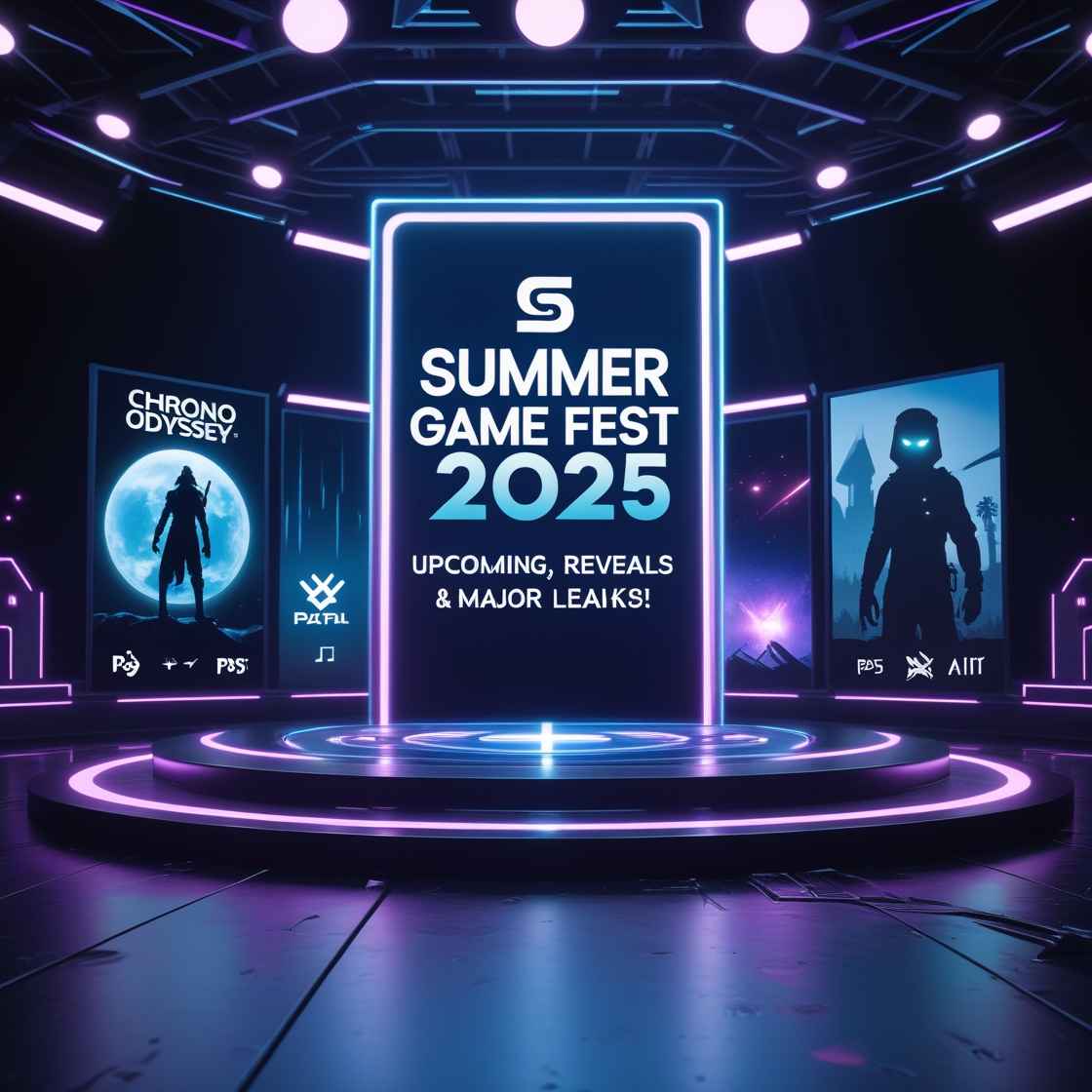 A dramatic gaming-themed thumbnail for Summer Game Fest 2025. Features fantasy and sci-fi elements representing Chrono Odyssey, Little Nightmares 3, Starfield, Bioshock, and Avatar. Bold neon text reads "Summer Game Fest 2025 – Reveals, Trailers & Major Leaks