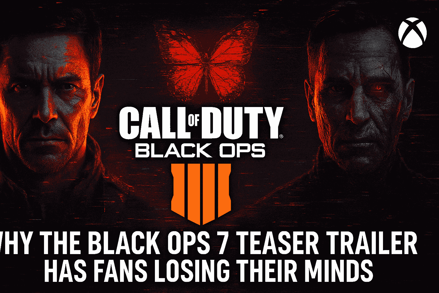 Black Ops 7 teaser trailer thumbnail featuring intense characters, glitchy red butterfly, and Call of Duty logo with dark digital background.
