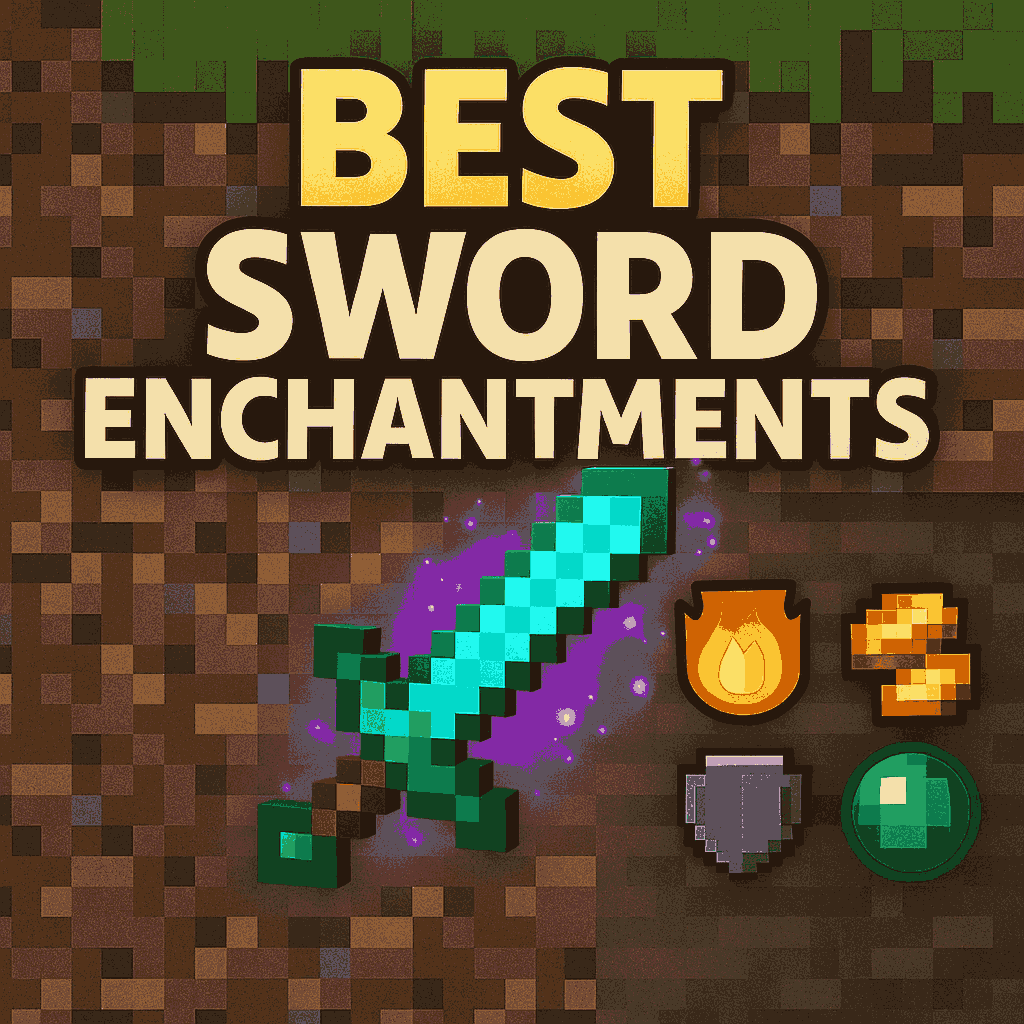 Minecraft best sword enchantments banner featuring a glowing diamond sword and enchantment icons on a pixelated dirt background