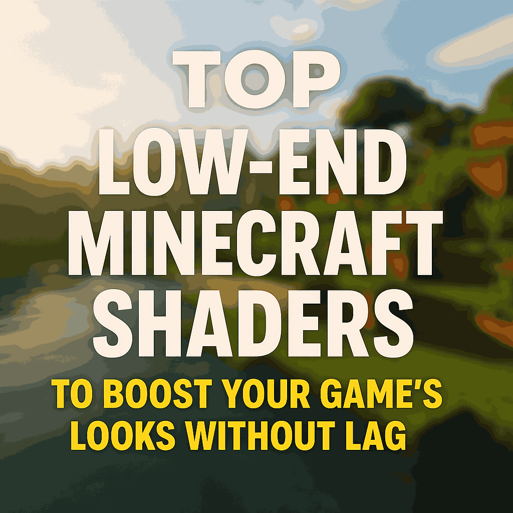 Thumbnail image for Minecraft article featuring a blurred scenic Minecraft background with bold white and yellow text reading: 'Top Low-End Minecraft Shaders – To Boost Your Game’s Looks Without Lag.