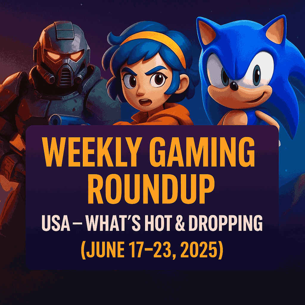 Weekly Gaming Roundup USA banner featuring sci-fi soldier, animated heroine, and Sonic the Hedgehog under bold headline for June 17–23, 2025.