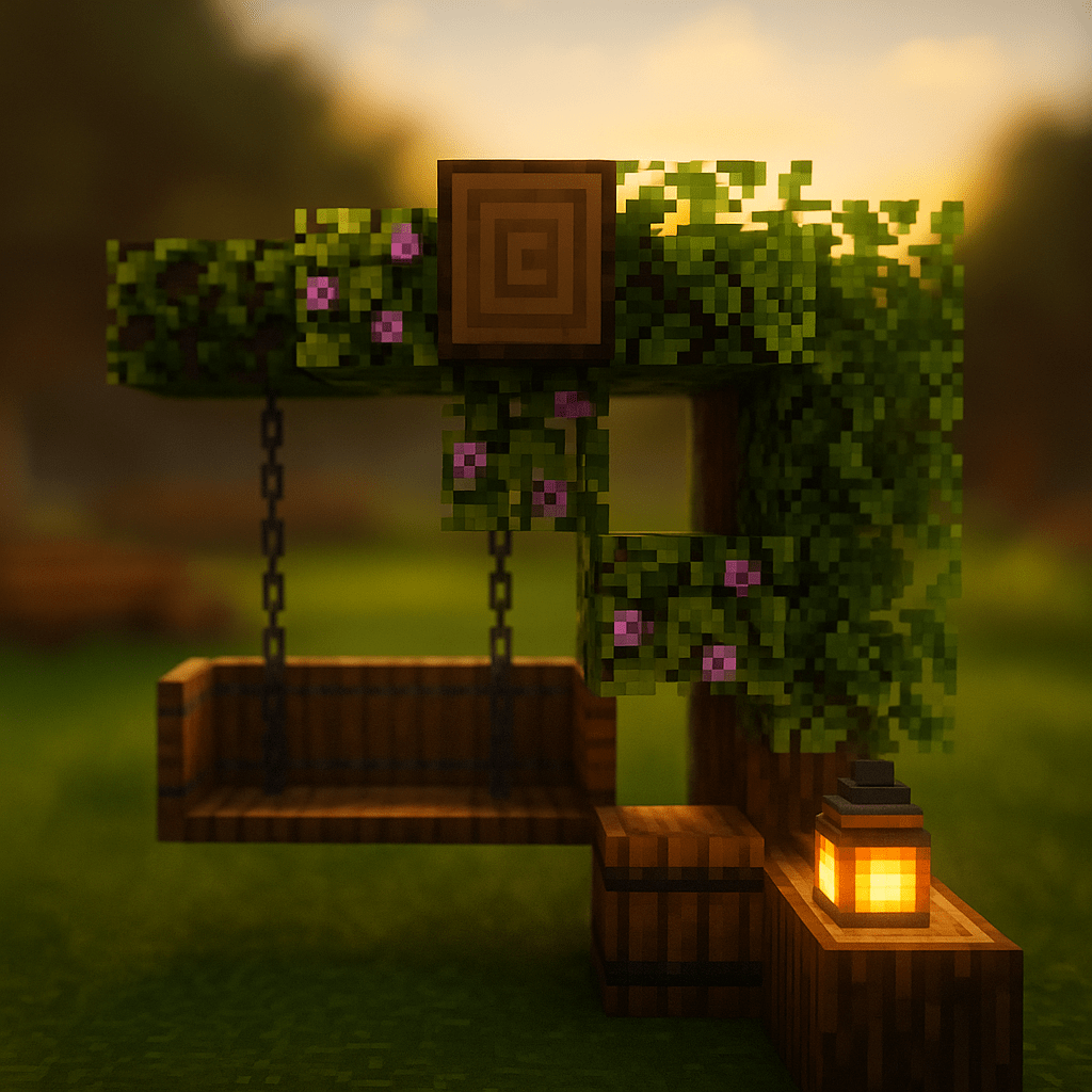 A Minecraft-style 3D render of a wooden swinging bench with hanging chains, covered by a vine-wrapped canopy adorned with pink flowers. The bench is lit warmly by a lantern placed on a barrel beside it, with a softly blurred background of grassy fields and trees